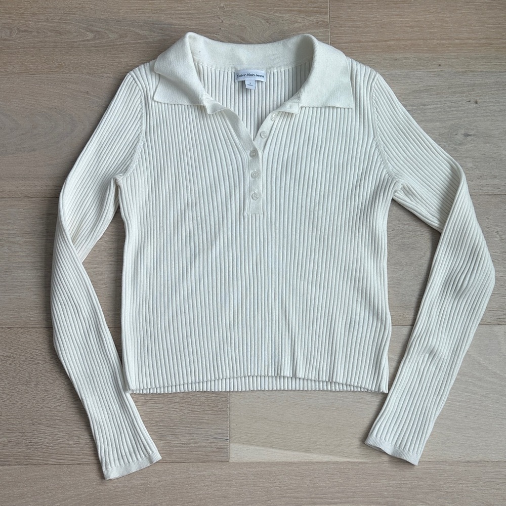 Calvin Klein jeans Women's ivory Cream Ribbed Polo long sleeve Top sz medium